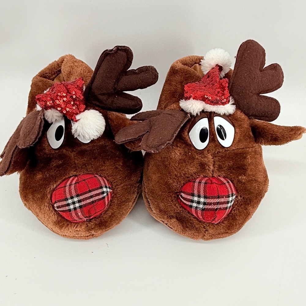Reindeer Slippers Christmas Holiday Novelty Plush Santa Hat‎ Plaid Nose